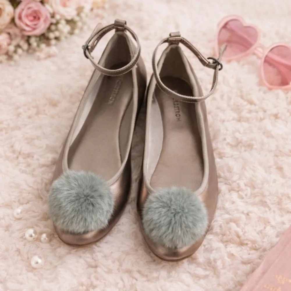 Nordstrom Bella Pom Pom Ankle Strap Flats Girls Size 5 Gray